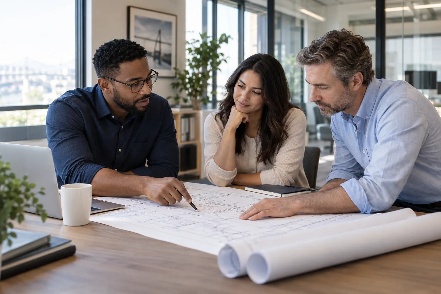 Illustrative engineering professionals reviewing project drawings