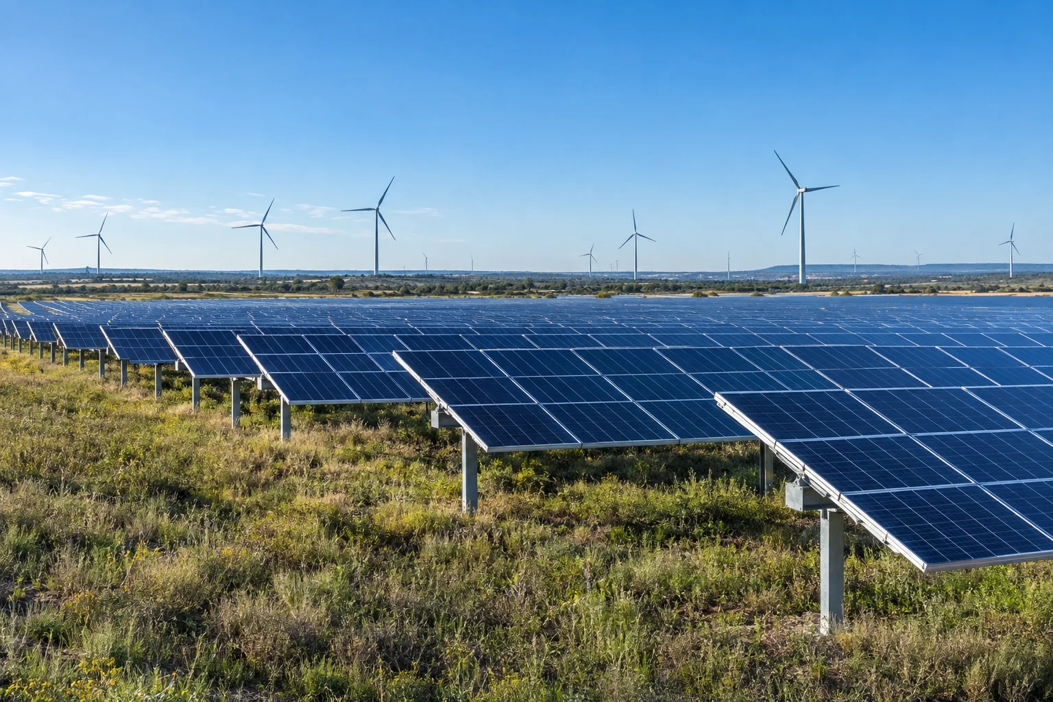 Illustrative solar panels and wind turbines across an open landscape