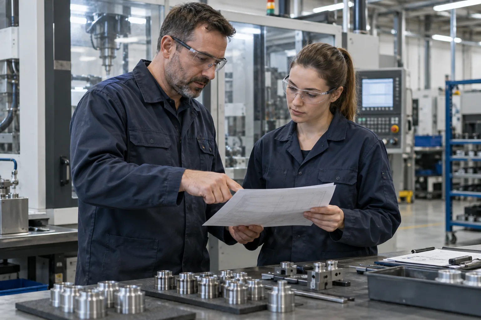 Illustrative quality auditor and supervisor reviewing inspection records