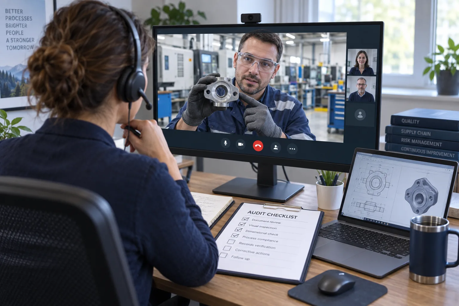 Illustrative auditor reviewing inspection evidence over a video call