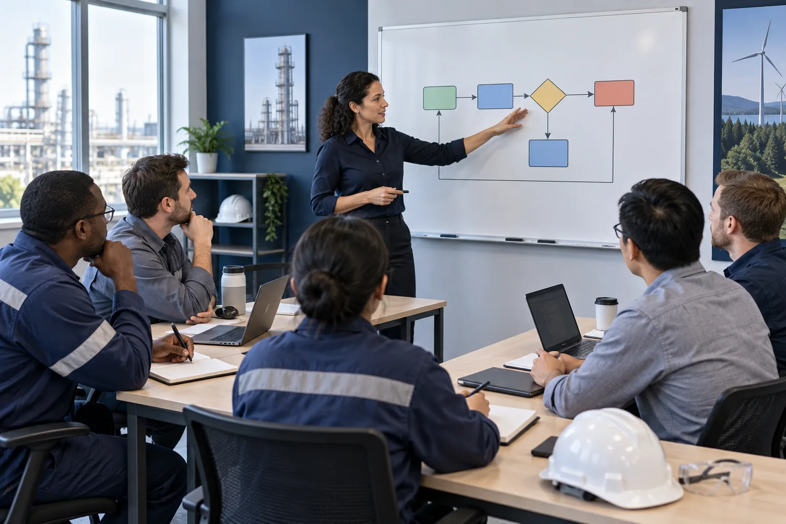 Illustrative instructor leading a practical quality-management workshop